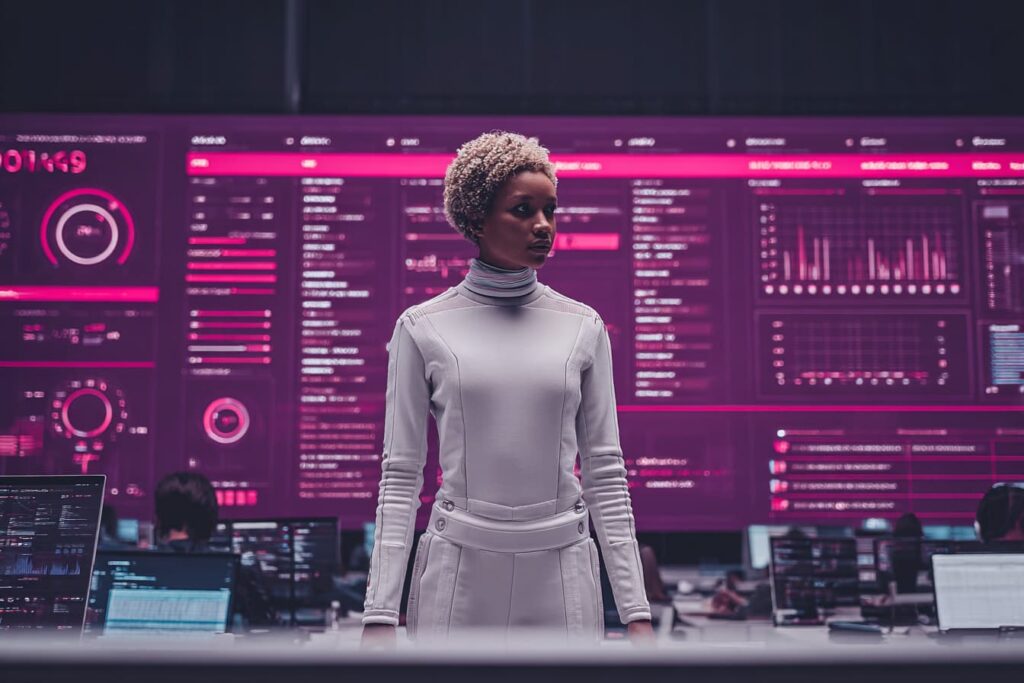 KI Marketing Spezialistin in einem Marketing-Büro der Zukunft